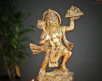 Messing Hanuman Ji Statue, Lord Hanuman Idol mit Sanjeevani Booti, Rama Devotee, Hindu Affengott der Hingabe, Stärke & Bhakti, Bajranbali