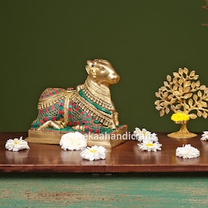 Brass Nandi Sculpture with Stonework, Gatekeeper of Shiva & Parvati, God Nandi Statue Sacred Bull, Shiv Sevak, Indian Handmade Home Decor