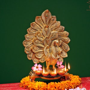 Brass Peacock Diya 35CM, Deepak Big Home Temple Diya, Handmade Oil Lamp, Oil Dia Indian Handcrafted Deepak, Mandir Temple Decor, Good Luck