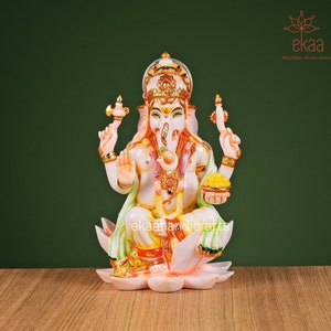 Ganesha Statue in Culture Marble, 18CM Handpainted Ganesha Idol, Ganesha God for Home, Ganesha for Temple, Decor Ganesha Murti, God of Luck