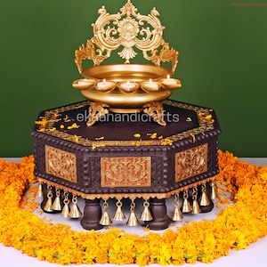 Wooden Pedestal Chowki with Brass Embellishment and Bells, Wood Pooja Chowki for Home Temple, Home Decor Stool For Idols, Chowki Home Decor