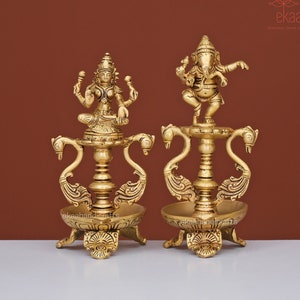 Ganesh Laxmi brass Diya for Home Temple, Lord Ganesha Lakshmi Oil Wick Diya, Indian Handcrafted Deepak for Home Temple Decor Lamp (Set of 2)