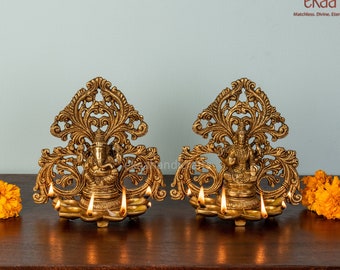 Brass Ganesh Laxmi Arch Diya | Handmade Oil Lamp for Home Temple Indian Handcraft Deepak | Mandir Temple Decor Good Luck & Housewarming Gift