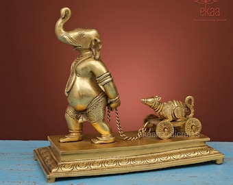 Brass Ganesh Idol with Moushak, Elephant God Statue, Indian Mandir Decor, Good Luck Ganpati Murti, Religious Gift, Home Blessing