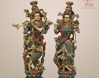 Radha Krishna-standbeeld messing met metselwerk, 36 CM Radha Krishna-beeld, godin Radha Lord Krishna hindoe-goddelijk paar, RadheKrishna-beeldje