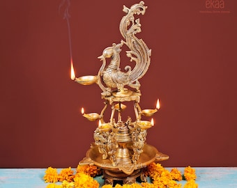 Brass Annam Bird Diya with Multiple Diyas for Home Temple, Oil Wick Diya Pair, Indian Handcrafted Deepak for Home Decor Handmade Lamp