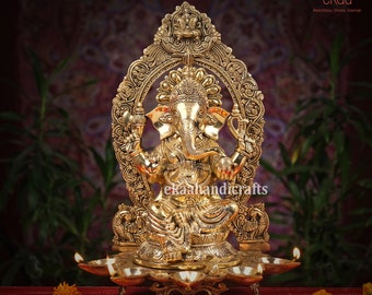 Brass Lord Ganesha Idol with 5 Oil Diya Holder, 46Cm Ganesha Statue for Home Temple Showpiece,Indian Decor, Divine Ganesh ji Murti, Oil Lamp