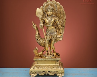 Brass Lord Murugan Statue | Karthikeya Subramanya Swamy Idol | Shanmukha Murugan Murti with Peacock | Hindu God Kartikeya Home Temple Decor