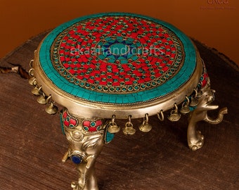 Premium Round Chowki with Elephant Pillars & Bells in Brass | Mosaic Stonework Pooja Chowki for Home Temple l Chowki for Idols Pooja Rituals