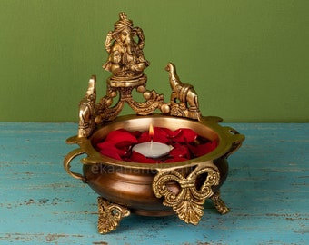 Traditional Brass Ganesh Urli bowl décor Intricate design Urli - Floating Flowers Candles Handcrafted Vessel for Diya stand home decorations