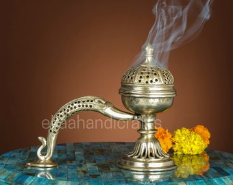 Engraved Brass Incense Holder, Dhoop Box with Peacock Lid