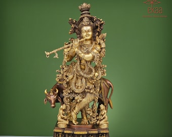 Krishna mit Kuh-Statue aus Messing, 72 cm große große Kuh Krishna Messingidol, Krishna Bhagwan Tempel Mandir Pooja Altar Hindu Religiöses Haus