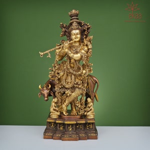 Krishna with Cow Statue in Brass, 72CM Big Large Size Cow Krishna Brass Idol, Krishna Bhagwan Temple Mandir Pooja Altar Hindu Religious Home