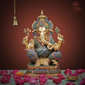 Ganesha Statue in Brass 40CM, Big Large Ganesha Idol with stonework, Ganpati Sculpture for Home Temple Puja, Ganesha Decor Hindu God of Luck
