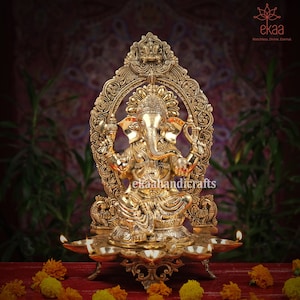Brass Lord Ganesha Idol with 5 Oil Diya Holder, 46Cm Ganesha Statue for Home Temple Showpiece,Indian Decor, Divine Ganesh ji Murti, Oil Lamp