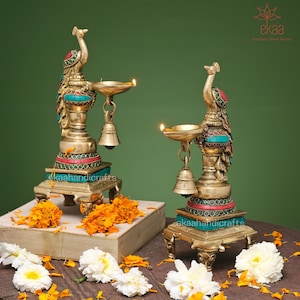 Brass Peacock Diya with Bell for Home Temple, Oil Wick Diya, Indian Handcrafted Deepak for Decor Handmade Traditional Lamps Decorative Diyas