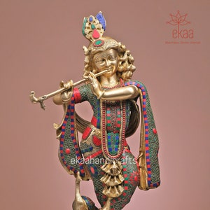 Krishna Statue in Brass playing Flute, 67CM Big Large Size Krishna Brass Idol, Krishna Bhagwan Temple Mandir Altar Hindu Religious Home
