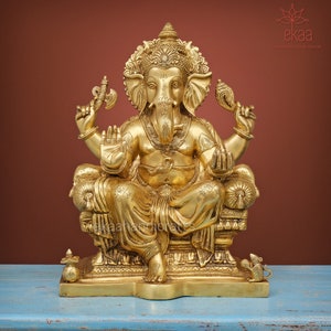 Ganesha Statue in Brass 46CM, Big Large Ganesha Idol, Lord Ganesha Figurine for Home Temple Pooja, Divine Ganesh ji Murti Mandir Hindu God