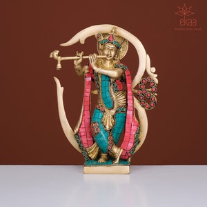 Lord Krishna Statue in Brass with Om Embellished with Stonework, Krishna Brass Idol, Temple Mandir Pooja Hindu Religious figure, God of Love