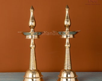 Brass Diya Stand, Indian Decor Diya, Brass Oil Lamp, Oil Wick Dia, Home Temple Decor Handcrafted Deepak for Home Decor Kerala Lamp(Set of 2)