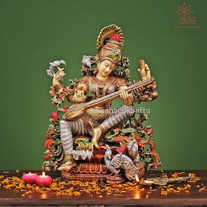 Saraswati Maa Statue 46CM | Large Cultured Marble Hindu Goddess Idol | Hand-Painted Saraswati Murti for Home Temple, Gift of Knowledge & Art
