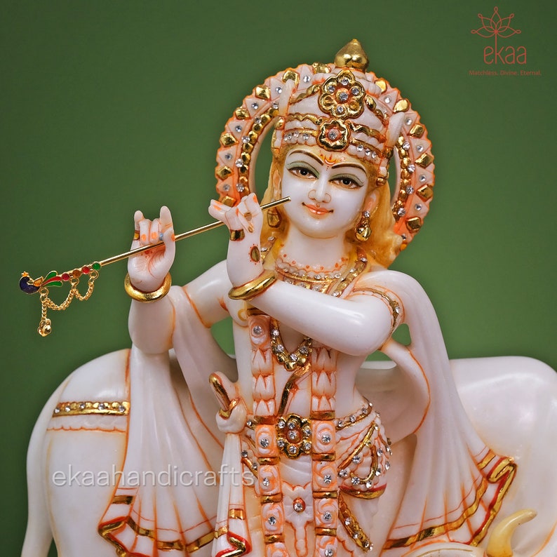 Krishna with Cow Statue in Marble, 38CM Large Size Cow Krishna Stone Idol, Krishna Bhagwan Temple Mandir Pooja Altar Hindu Religious Home image 2