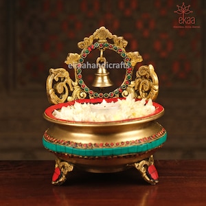 Traditional Brass Bell Urli bowl Vintage Vessel, Floating flowers Candles Diya Pot , Urli decor, Urli bowl with stand, Indian Urli Bowl Art