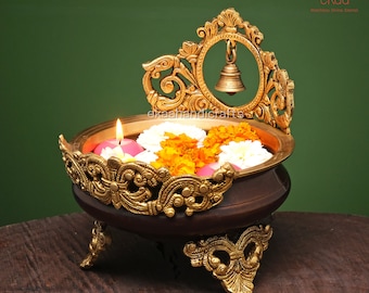Traditional Brass Bell Urli Bowl with Stand | Vintage Vessel for Floating Flowers, Diyas & Candles | Indian Home Decor Accent Gift Idea
