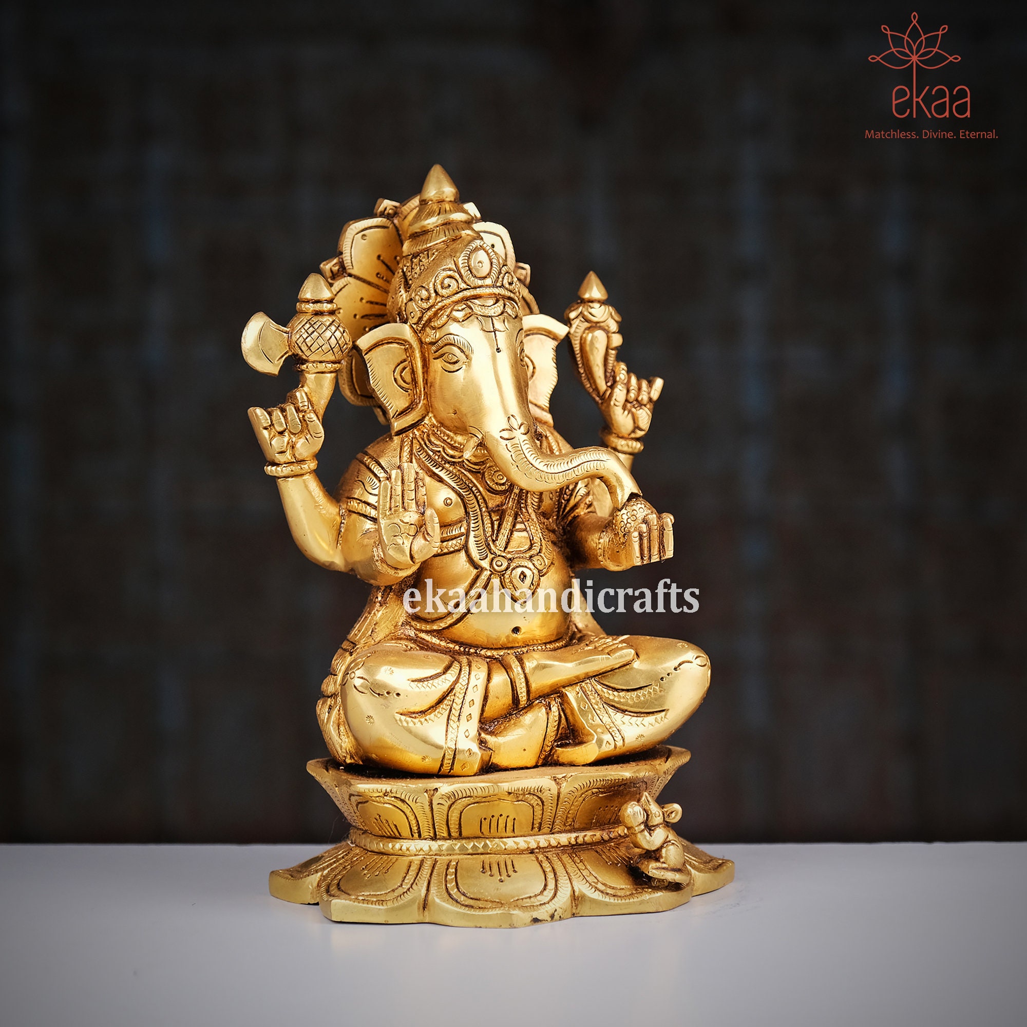 真鍮のガネーシャ像、21.5 CM のガネーシャ像、ネズミを連れた座った