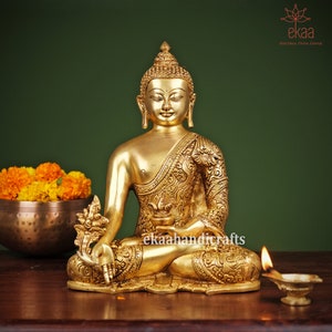 Brass Buddha Statue, 25CM Brass Lord Buddha Idol, Outdoor Indoor Buddhist Deity,  Buddha for Temple Altar Yoga Studio Meditation Room Decor