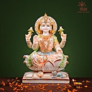 Marble Lakshmi Goddess Statue 45CM, Sitting Laxmi on Lotus Idol Home Temple, Hindu Goddess of Fortune and Abundance, Lakshmi Maa Sculpture