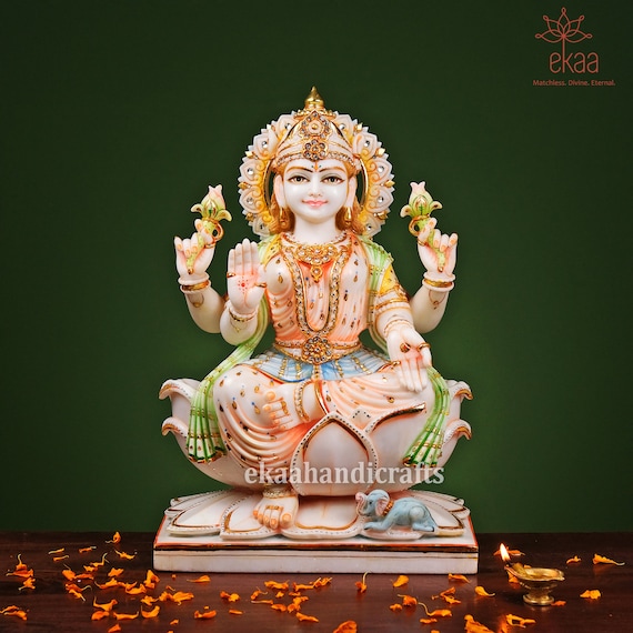 Marble Lakshmi Goddess Statue 45CM Sitting Laxmi on Lotus Etsy