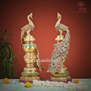 Brass Peacock Figure, Large Peacock Statue with stonework, Handmade Peacock Showpiece, Indian Handcrafted Decor, Home Decor Brass
