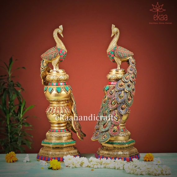 Brass Peacock Figure Large Peacock Statue With Stonework Etsy