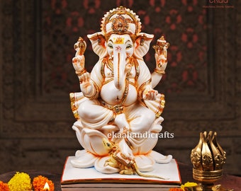 Hand Painted Ganesha Statue, Cultured Marble Hindu God Idol, 10 Inch