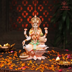 Lakshmi Goddess Home Statue, 18CM Culture Marble Sitting Laxmi Idol for Temple Hindu Goddess of Fortune and Abundance, Lakshmi Ma Sculpture