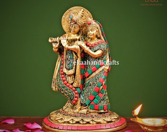 Brass Radha Krishna Statue Idol – Hindu Divine Couple Figurine – Radhe Krishna Murti for Home Decor, Puja, Wedding or Anniversary Gift