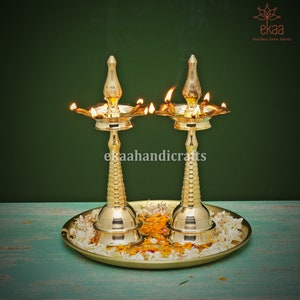 Brass Diya Stand, Indian Decor Diya, Brass Oil Lamp, Oil Wick Dia, Home Temple Decor Handcrafted Deepak for Home Decor Kerala Lamp(Set of 2)