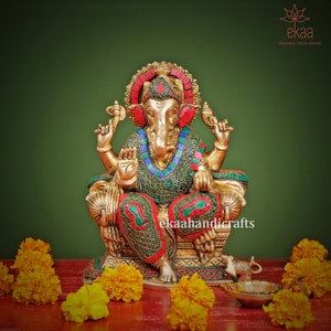 Ganesha Statue in Brass, Stonework Ganesha Idol, Ganpati Sculpture for Home Temple Puja, Hindu God of Luck, Ganesha for home mandir