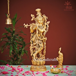 Lord Krishna Statue,  35CM Krishna in Brass, Lord Krishna Murti for Home Temple, Krishan Ji Figurine Pooja Mandir Statue, krishna with Fltue