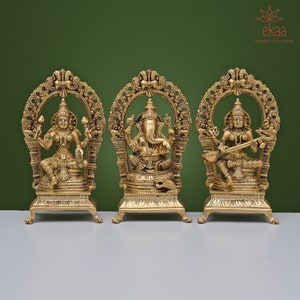 Brass Lakshmi Ganesh Saraswati Statues, 22CM Laxmi Ganesh Saraswati Idols, Hindu gods of good luck, Wealth, Wisdom,Arts, Temple Mandir Murti