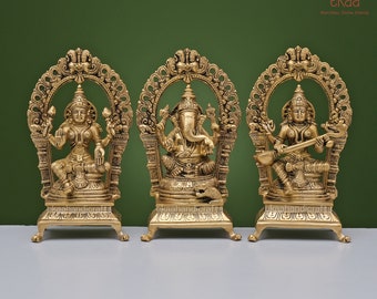 Brass Lakshmi Ganesh Saraswati Statues, 22CM Laxmi Ganesh Saraswati Idols, Hindu gods of good luck, Wealth, Wisdom,Arts, Temple Mandir Murti