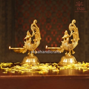 Annam Bird Diya in Brass for Home Temple, Oil Wick Diya Pair, Indian Handcrafted Deepak for Home Decor Handmade Lamp, Temple Mandir Dia lamp