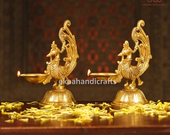Annam Bird Diya in Brass for Home Temple, Oil Wick Diya Pair, Indian Handcrafted Deepak for Home Decor Handmade Lamp, Temple Mandir Dia lamp