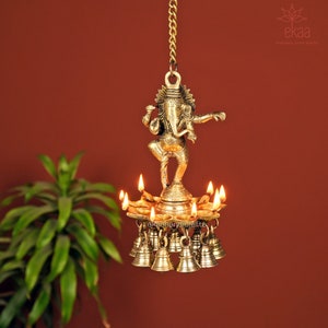 Brass Ganesha Wall Hanging Diya OiL Lamp with Bells,Brass Decorative Diyas Handcrafted Deepak for Home Decor Traditional diyas