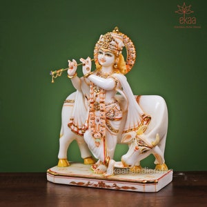 Krishna with Cow Statue in Marble, 38CM Large Size Cow Krishna Stone Idol, Krishna Bhagwan Temple Mandir Pooja Altar Hindu Religious Home image 3