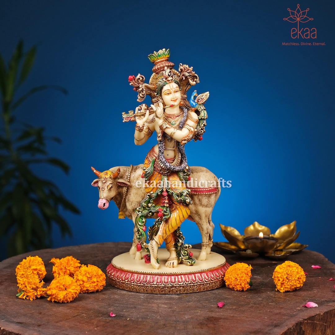 Lord Krishna Statue With Cow, 27CM Hand Painted Dust Marble Cow Krishna