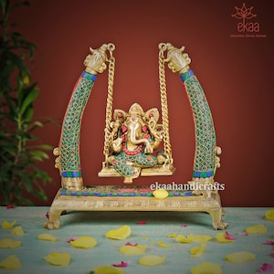 Ganesha Statue on Swing with stonework, 26.5CM Big Large Ganesh Idol on Jhoola in Brass, Swinging Ganesh Idol, Jhula Ganesh Murti, Showpiece
