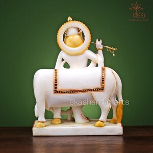 Krishna with Cow Statue in Marble, 38CM Large Size Cow Krishna Stone Idol, Krishna Bhagwan Temple Mandir Pooja Altar Hindu Religious Home image 6