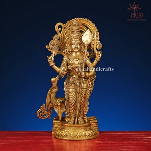 56CM Murugan Swamy in Brass, Kumaraswamy Idol, Lord Murugan Karthikeya, Subramanya Shanmukha Murugan Murti, Lord Murugan with Peacock